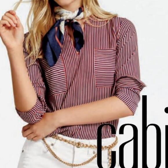 Cabi Franklin Patriot Stripe Red White Split Neck Blouse Button Sleeve Sz Small - Picture 3 of 12